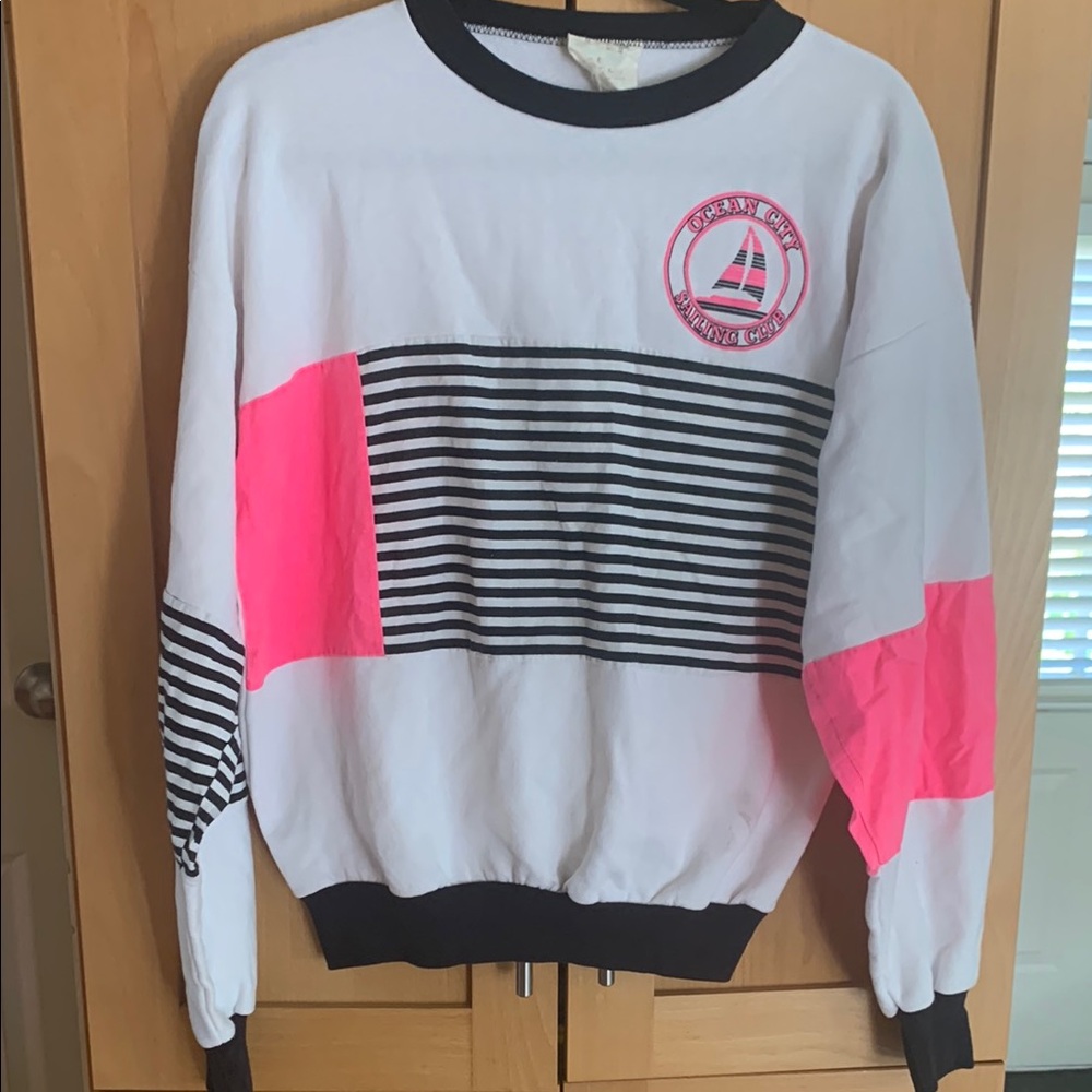 💙 RETRO 80s Unisex White Neon Pink Nautical Sweater